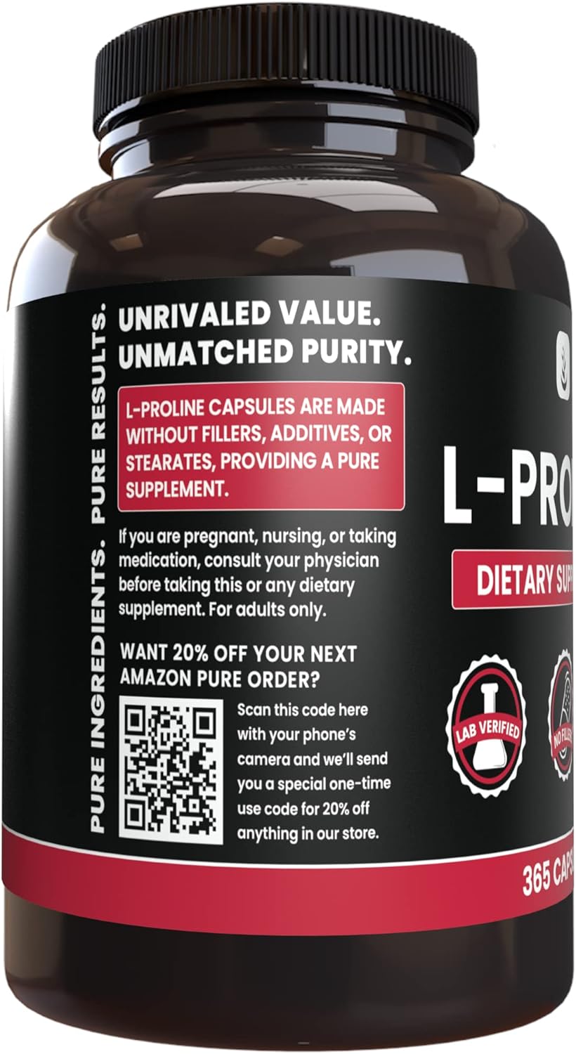 365 Capsules of Pure L-Proline Supplement - No Magnesium or Rice Fillers - Lab Verified