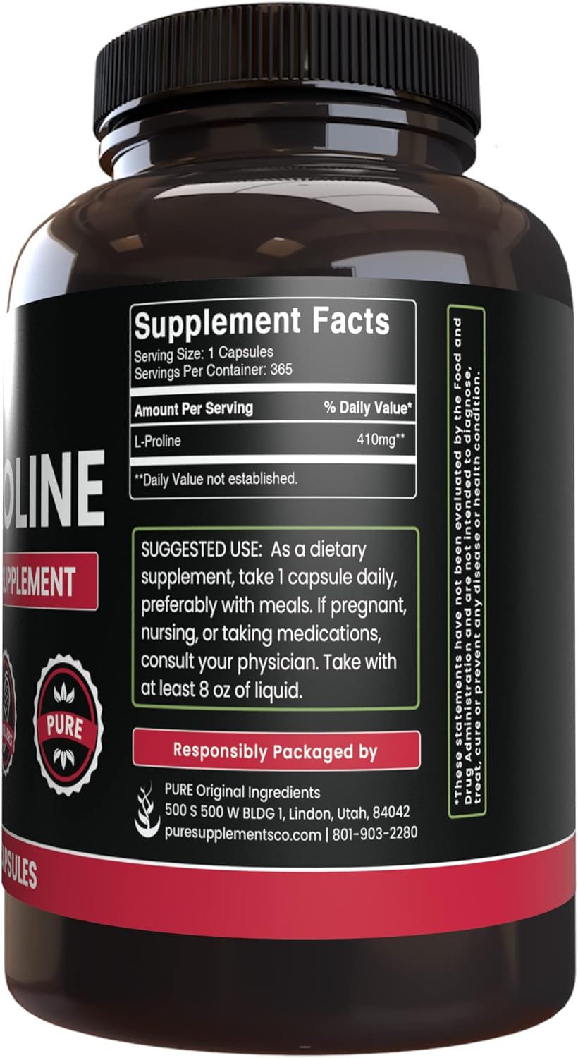 365 Capsules of Pure L-Proline Supplement - No Magnesium or Rice Fillers - Lab Verified