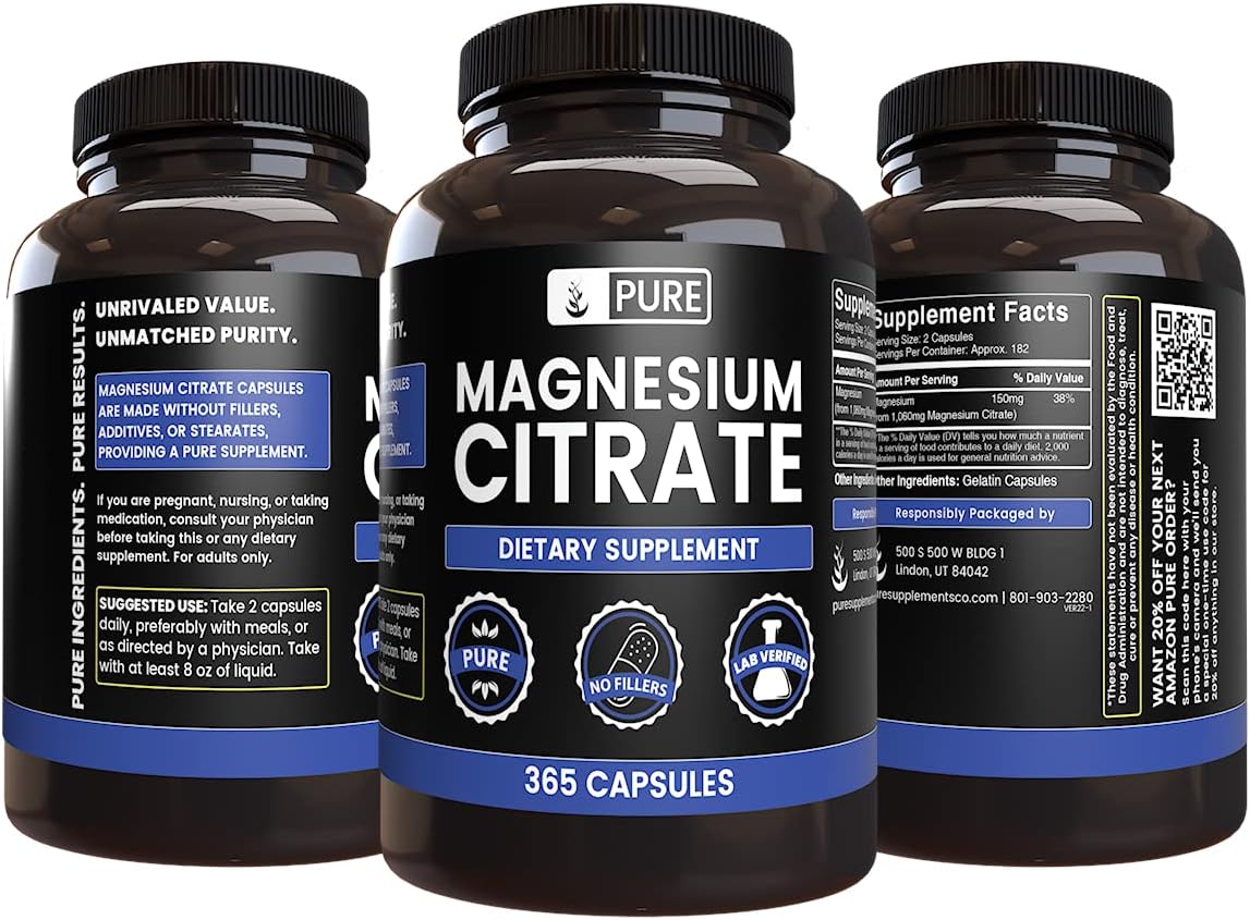 365 Capsules of Pure Magnesium Citrate with Original Ingredients - No Fillers, Lab Verified