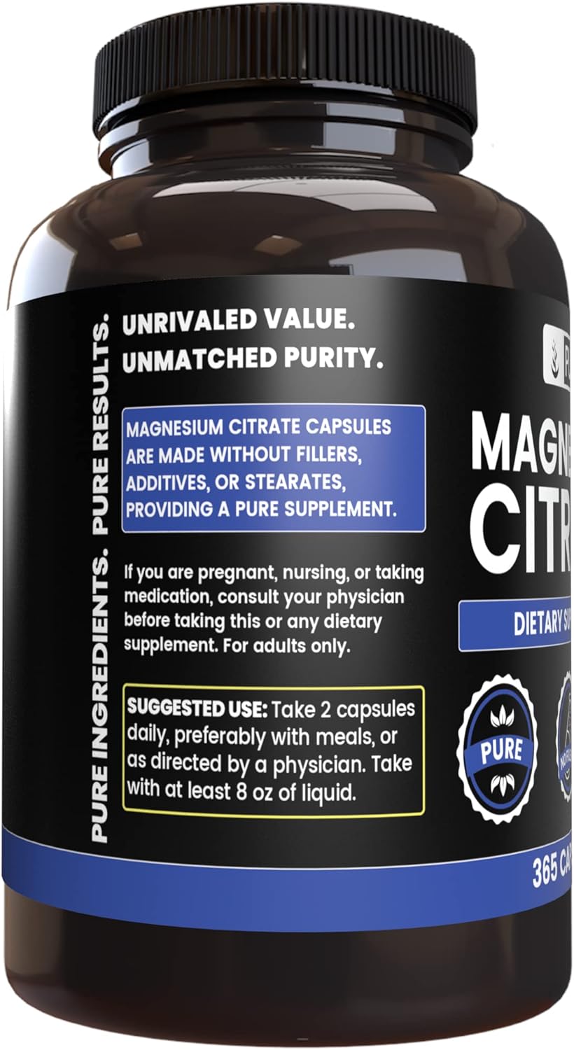 365 Capsules of Pure Magnesium Citrate with Original Ingredients - No Fillers, Lab Verified