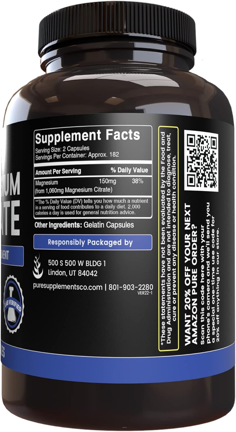 365 Capsules of Pure Magnesium Citrate with Original Ingredients - No Fillers, Lab Verified