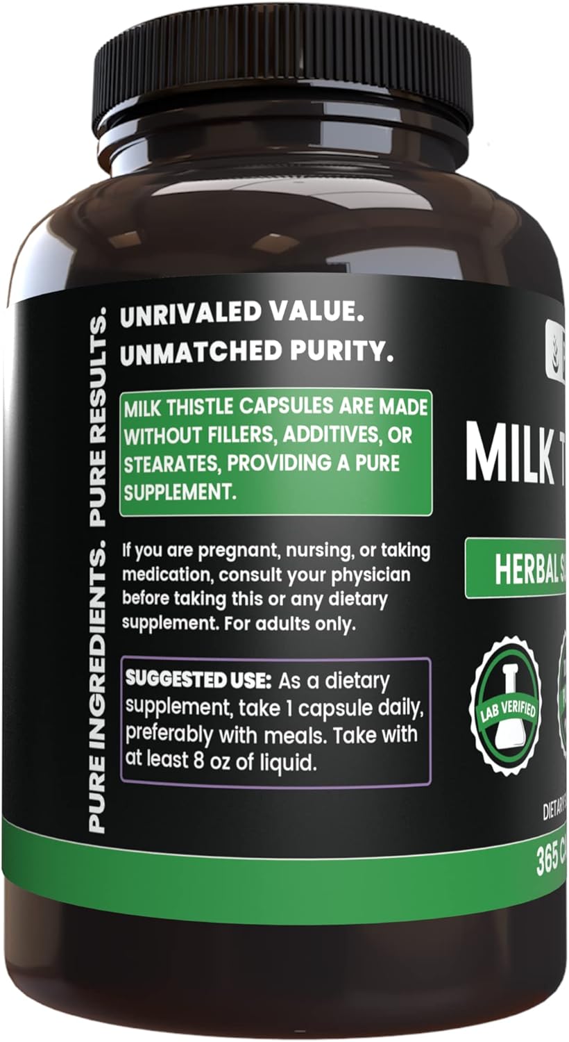 365 Capsules of Pure Milk Thistle, No Magnesium or Rice Fillers, Lab Verified