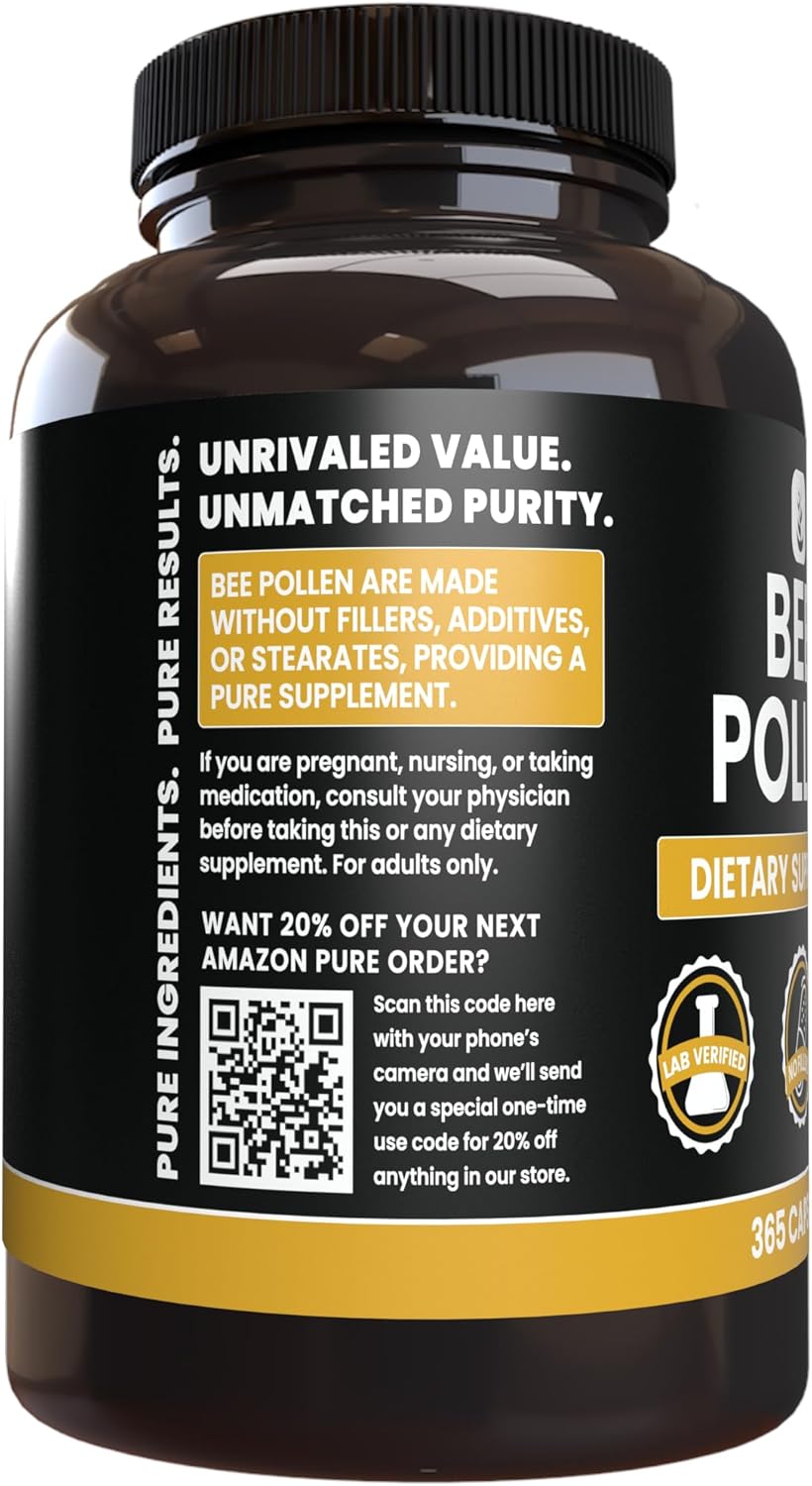 365 Capsules of Pure Original Bee Pollen with No Magnesium or Rice Fillers, Lab Verified Quality