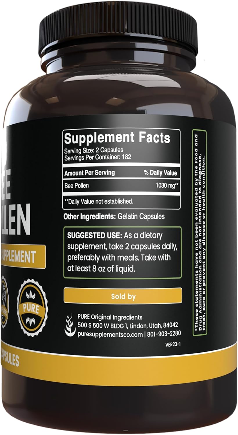 365 Capsules of Pure Original Bee Pollen with No Magnesium or Rice Fillers, Lab Verified Quality