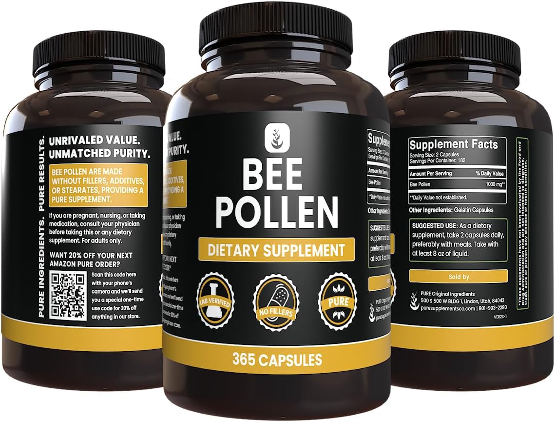 365 Capsules of Pure Original Bee Pollen with No Magnesium or Rice Fillers, Lab Verified Quality