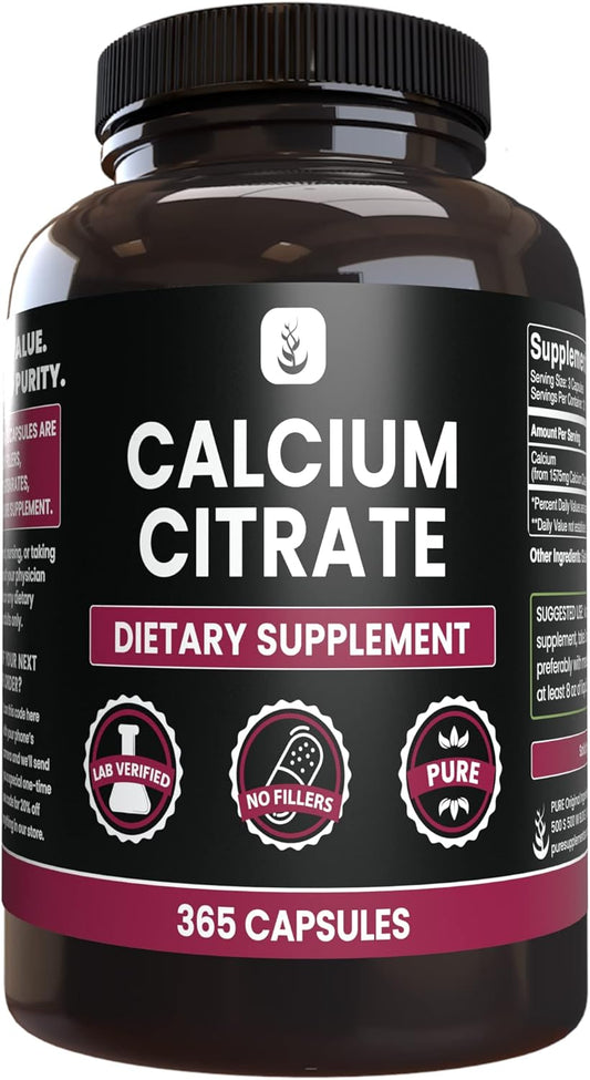 365 Capsules of Pure Original Calcium Citrate with No Magnesium or Rice Fillers, Lab Verified Quality