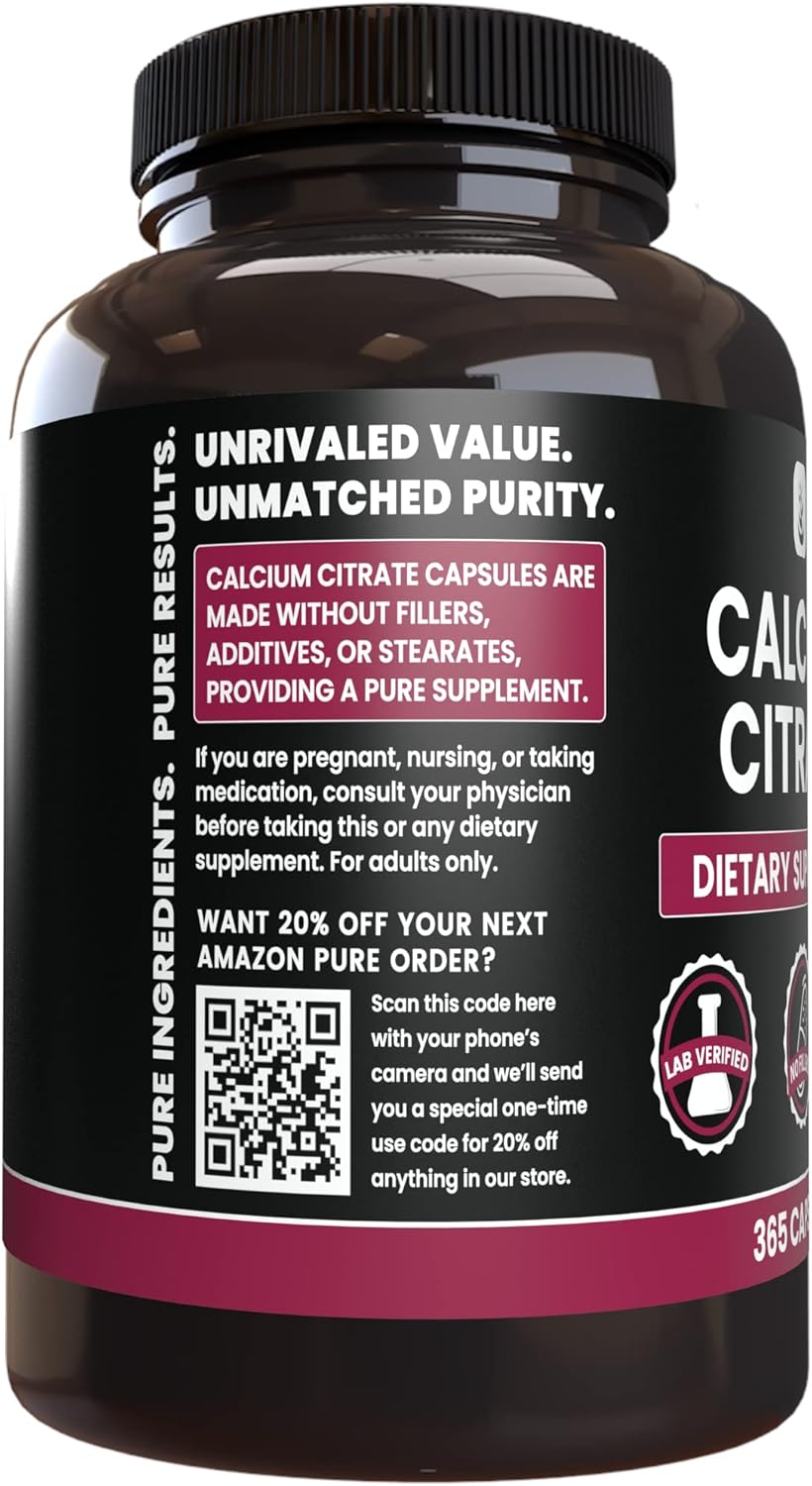 365 Capsules of Pure Original Calcium Citrate with No Magnesium or Rice Fillers, Lab Verified Quality