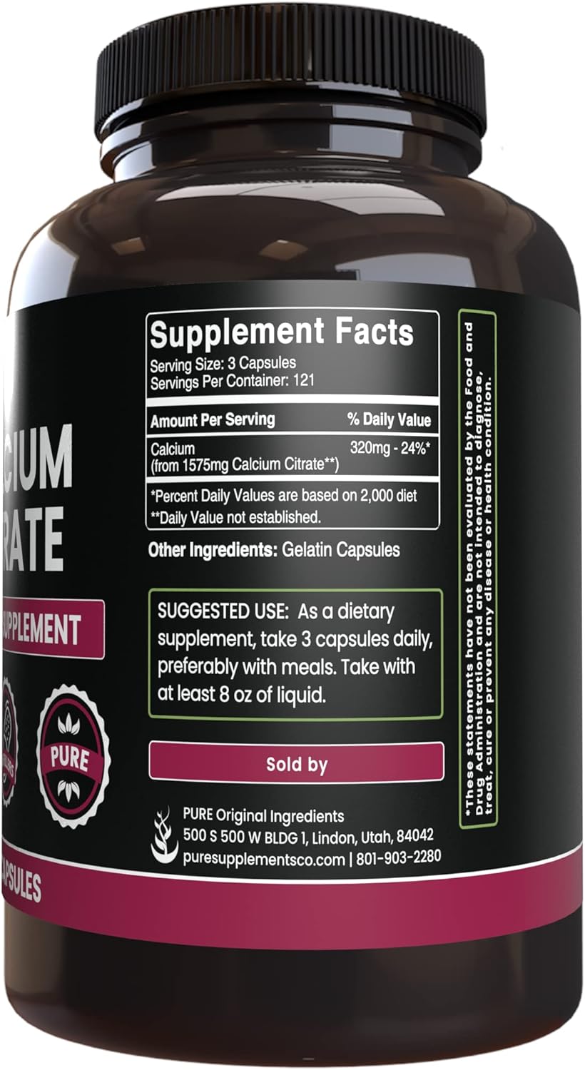 365 Capsules of Pure Original Calcium Citrate with No Magnesium or Rice Fillers, Lab Verified Quality