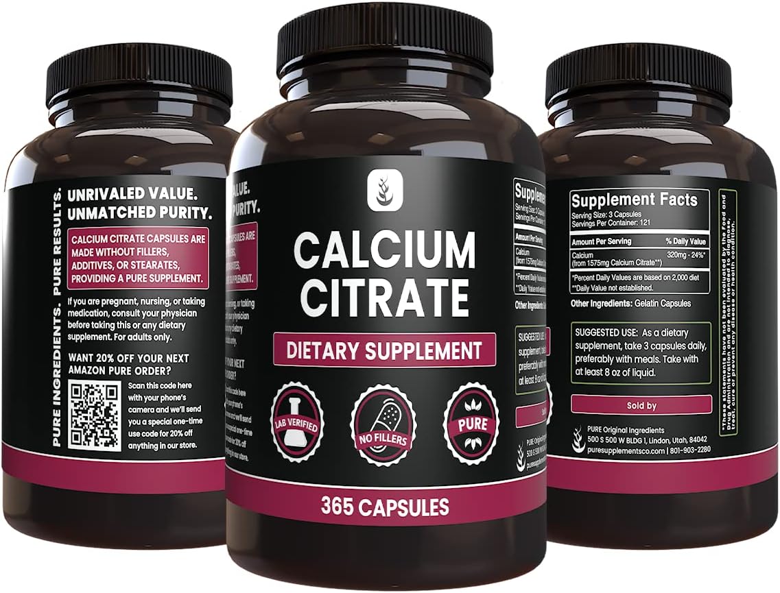 365 Capsules of Pure Original Calcium Citrate with No Magnesium or Rice Fillers, Lab Verified Quality