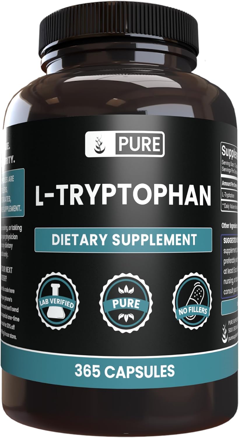 365 Capsules of Pure Original L-Tryptophan with No Magnesium or Rice Fillers - Lab Verified Quality