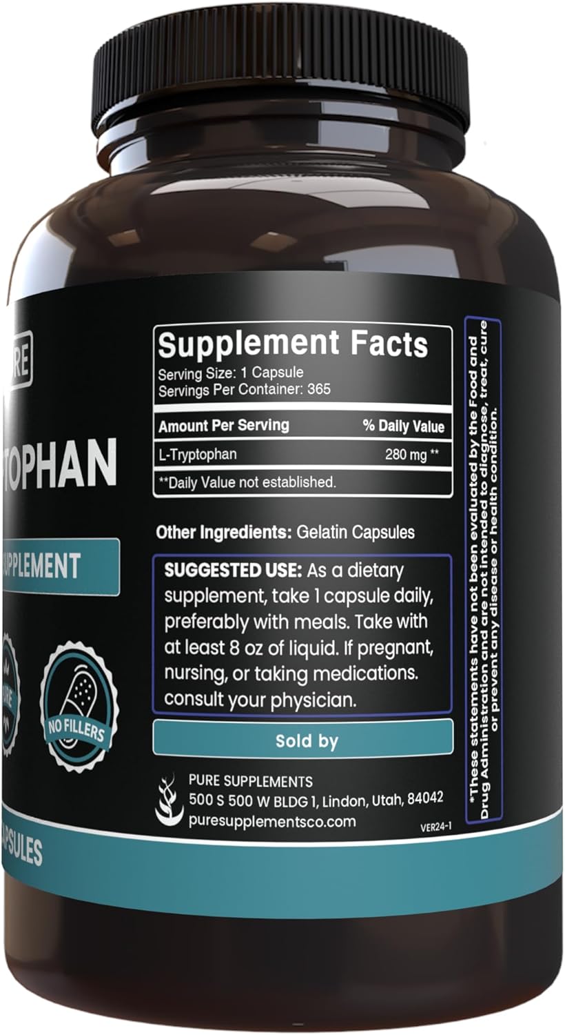 365 Capsules of Pure Original L-Tryptophan with No Magnesium or Rice Fillers - Lab Verified Quality