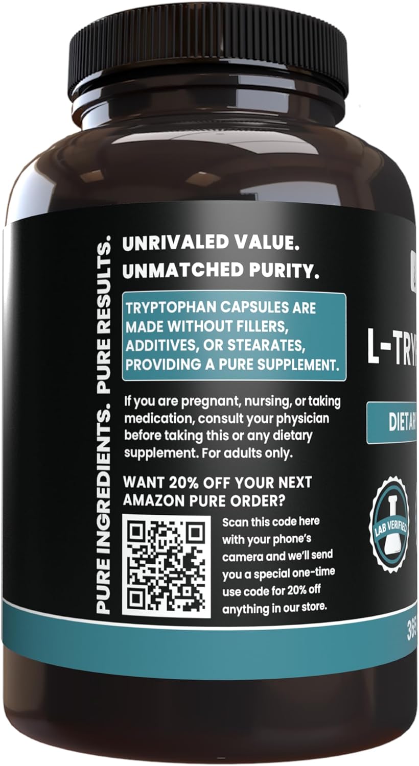 365 Capsules of Pure Original L-Tryptophan with No Magnesium or Rice Fillers - Lab Verified Quality