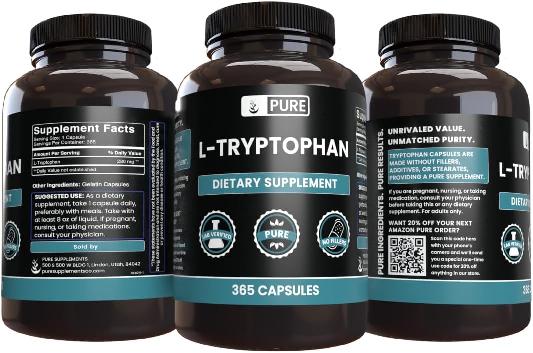 365 Capsules of Pure Original L-Tryptophan with No Magnesium or Rice Fillers - Lab Verified Quality