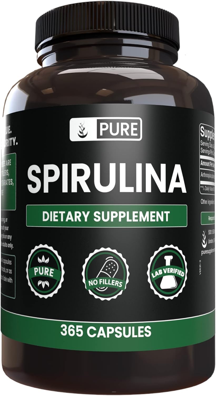 365 Capsules of Pure Spirulina with Original Ingredients, No Magnesium or Rice Fillers - Lab Verified