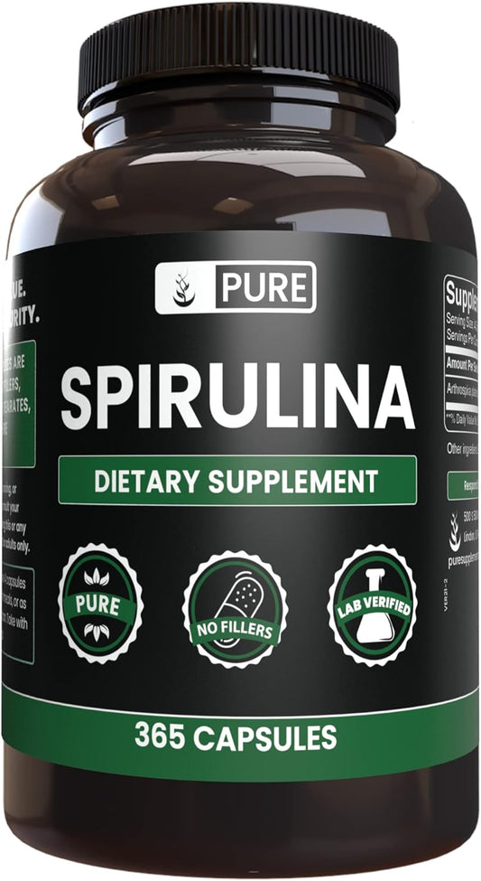 365 Capsules of Pure Spirulina with Original Ingredients, No Magnesium or Rice Fillers - Lab Verified