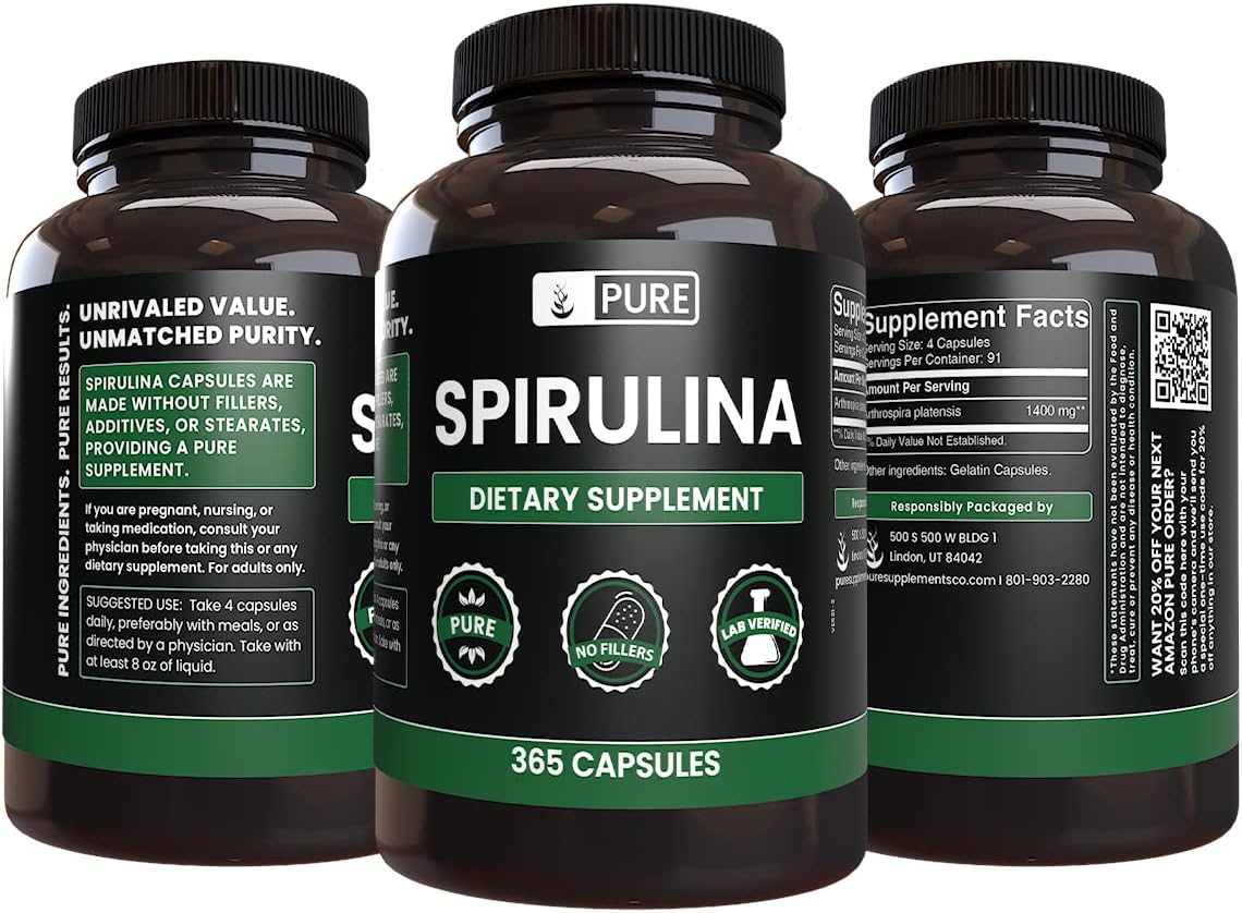 365 Capsules of Pure Spirulina with Original Ingredients, No Magnesium or Rice Fillers - Lab Verified