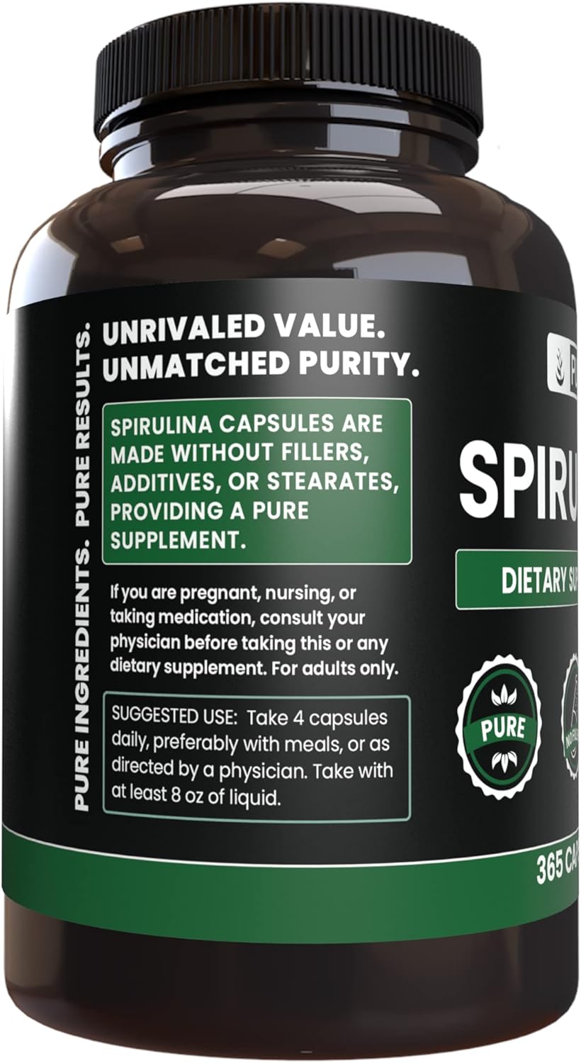 365 Capsules of Pure Spirulina with Original Ingredients, No Magnesium or Rice Fillers - Lab Verified