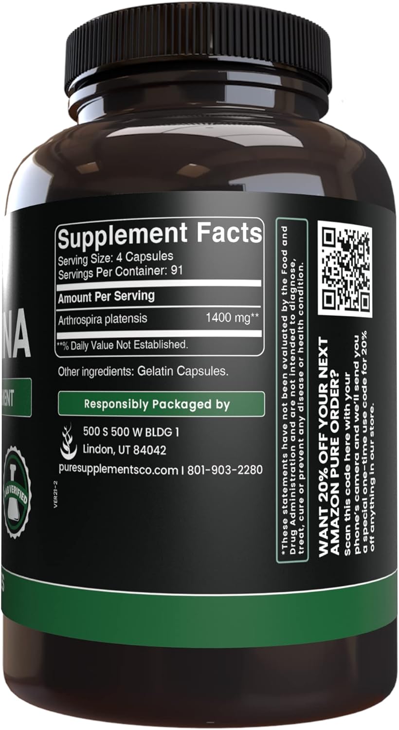 365 Capsules of Pure Spirulina with Original Ingredients, No Magnesium or Rice Fillers - Lab Verified