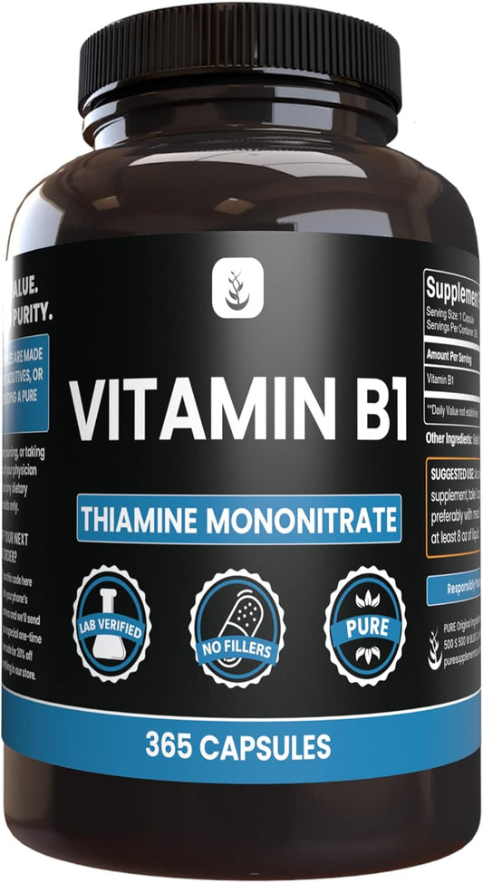 365 Capsules of Pure Thiamine Mononitrate (Vitamin B1) - No Magnesium or Rice Fillers - Lab Verified Quality
