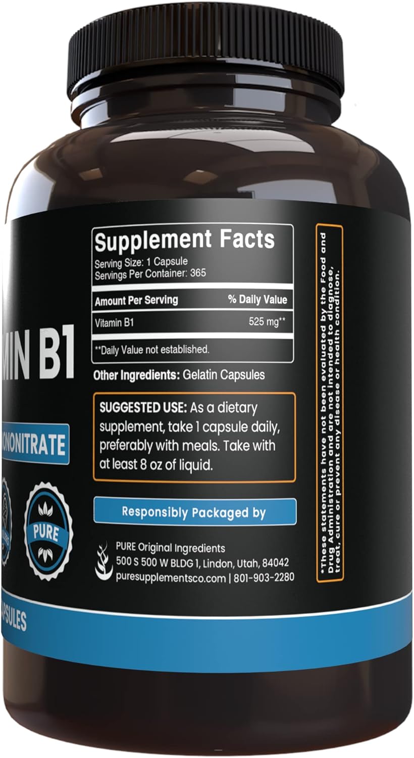 365 Capsules of Pure Thiamine Mononitrate (Vitamin B1) - No Magnesium or Rice Fillers - Lab Verified Quality
