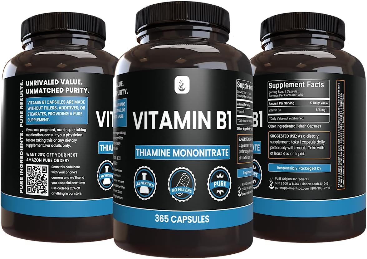 365 Capsules of Pure Thiamine Mononitrate (Vitamin B1) - No Magnesium or Rice Fillers - Lab Verified Quality