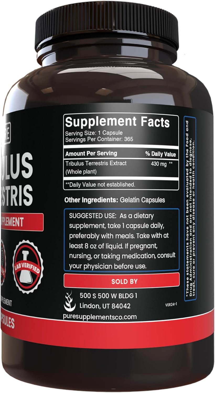 365 Capsules of Pure Tribulus Terrestris Extract - No Magnesium or Rice Fillers - Lab Verified and Always Pure