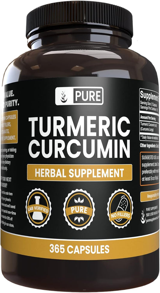 365 Capsules of Pure Turmeric Curcumin - No Magnesium or Rice Fillers - Lab Verified Original Ingredients
