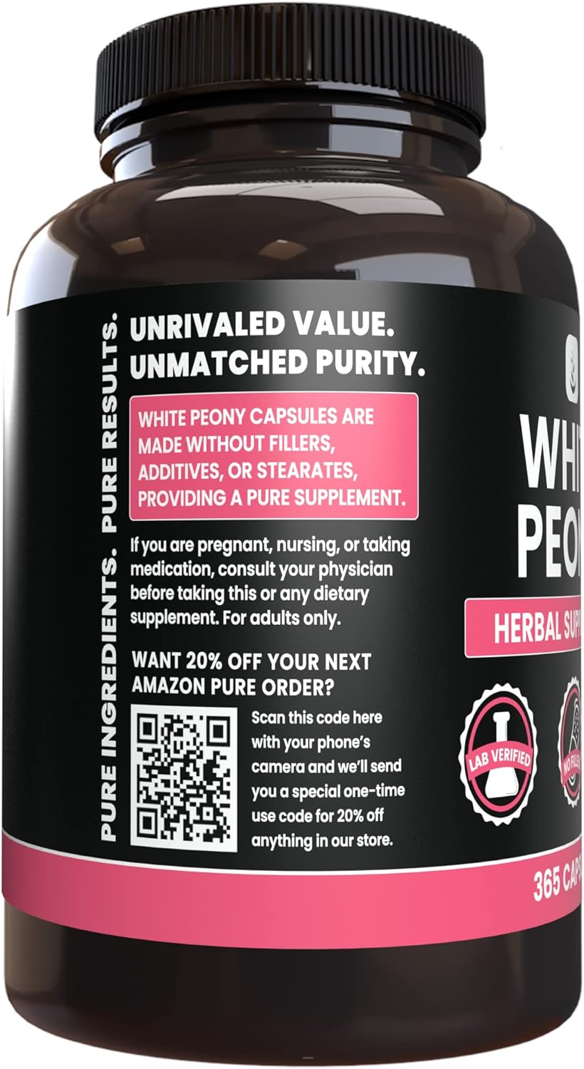 365 Capsules of Pure White Peony with No Magnesium or Rice Fillers - Lab Verified