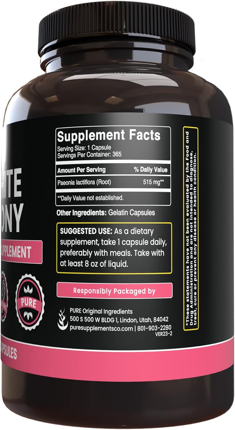 365 Capsules of Pure White Peony with No Magnesium or Rice Fillers - Lab Verified