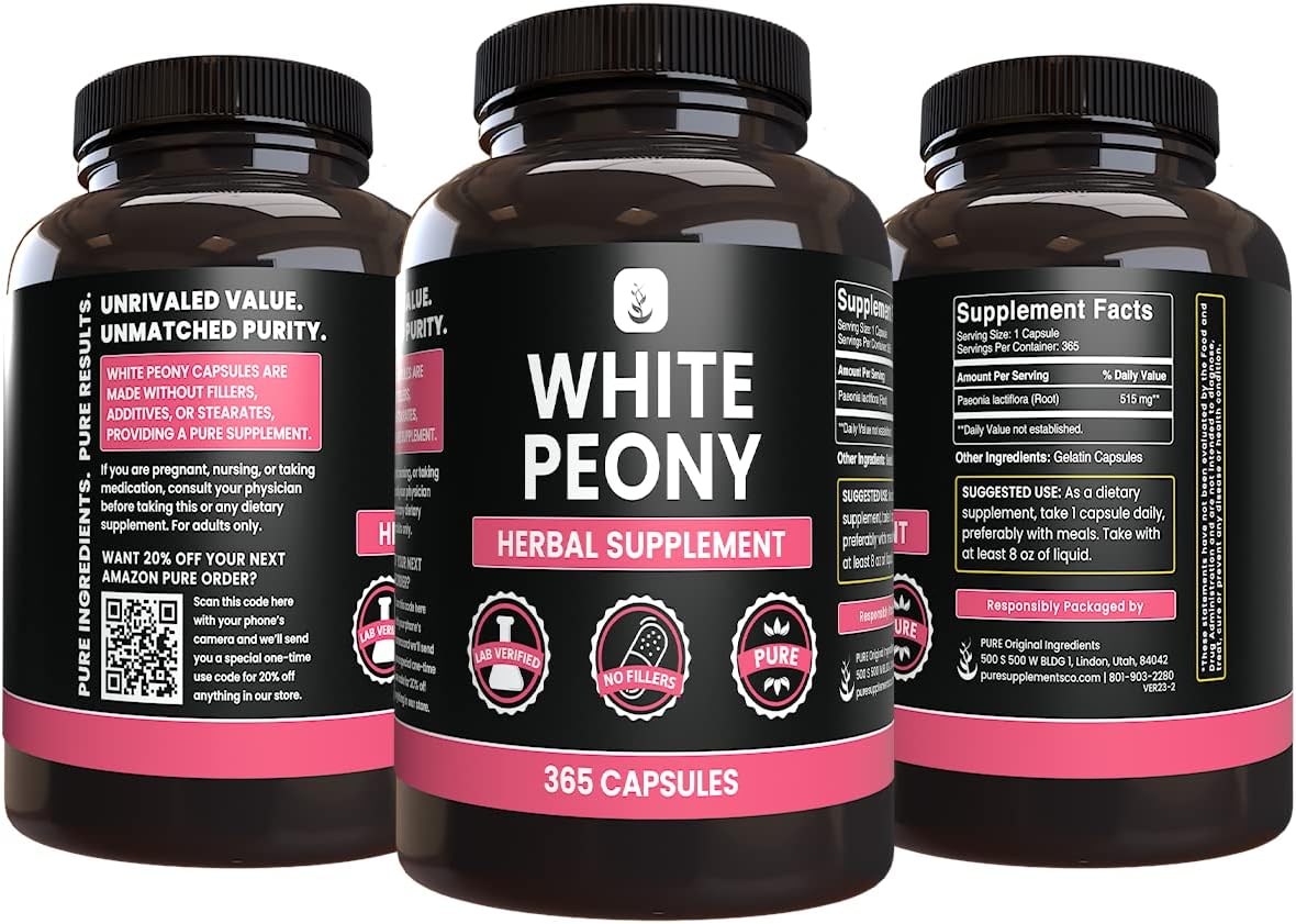 365 Capsules of Pure White Peony with No Magnesium or Rice Fillers - Lab Verified