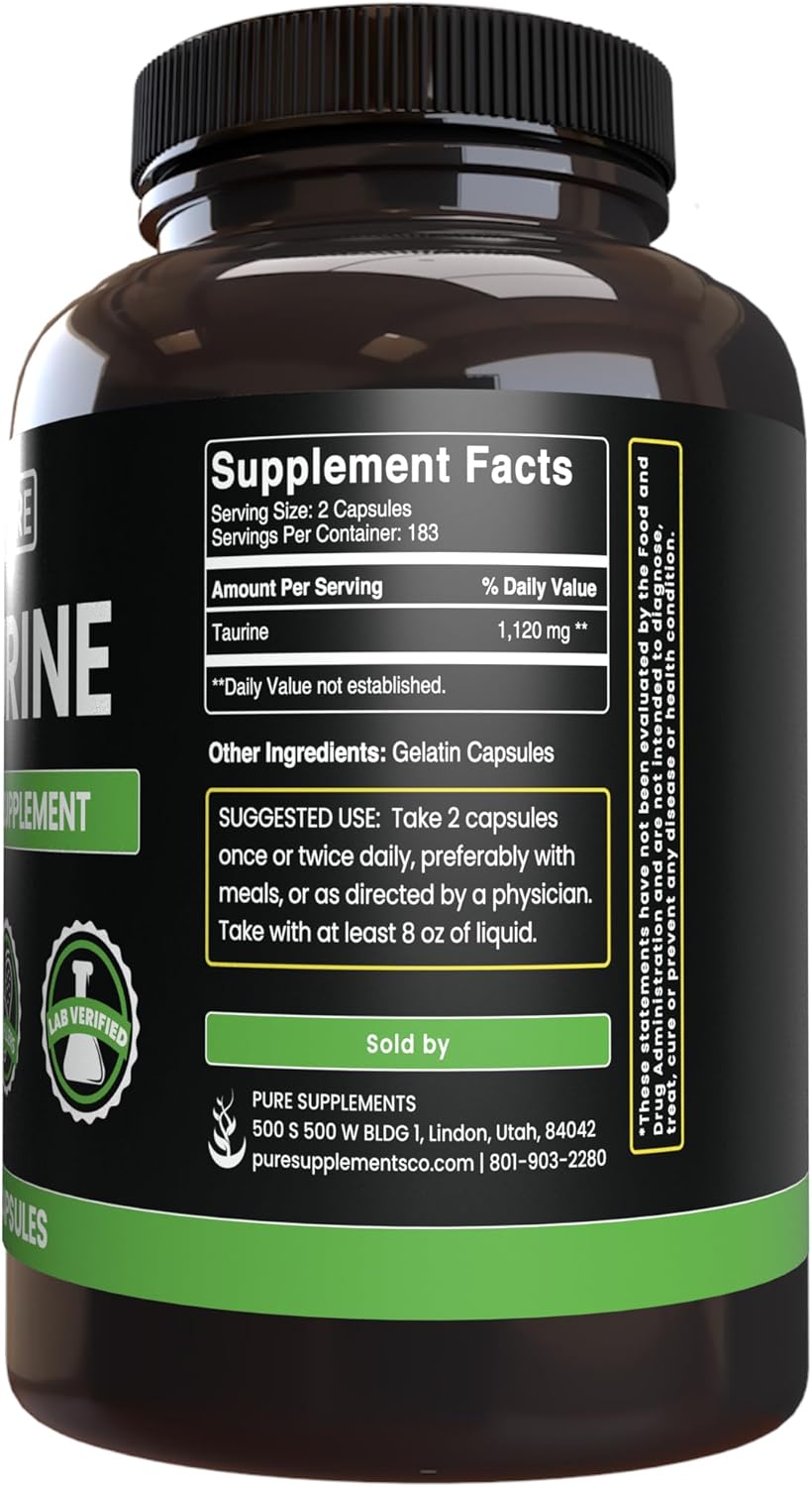 365 Capsules of Taurine with Pure Ingredients, No Magnesium or Rice Fillers - Lab Verified Quality