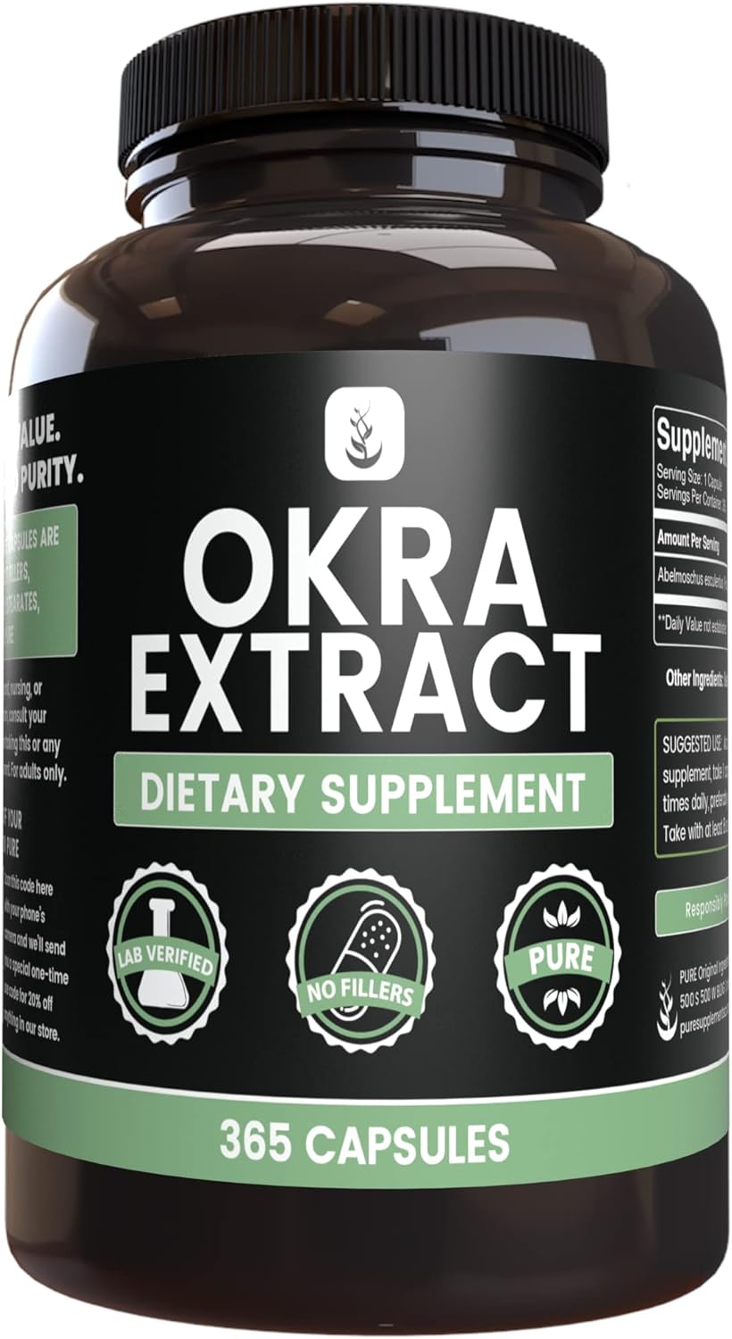 365 Capsules Pure Okra Extract - No Magnesium or Rice Fillers - Lab Verified Quality