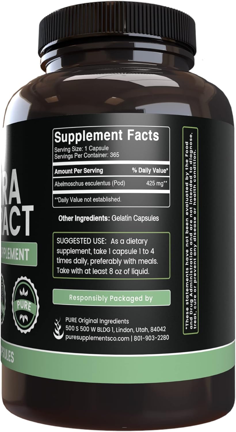 365 Capsules Pure Okra Extract - No Magnesium or Rice Fillers - Lab Verified Quality