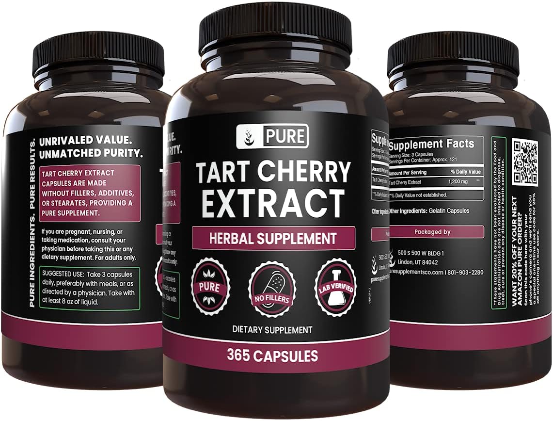 365 Capsules Pure Tart Cherry Extract - No Magnesium or Rice Fillers - Lab Verified & Original Ingredients