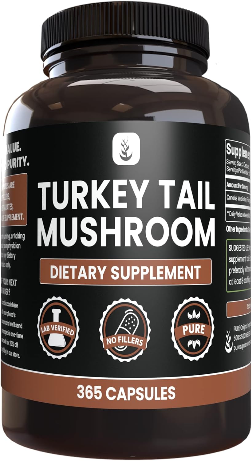 365 Capsules Pure Turkey Tail Mushroom - No Magnesium or Rice Fillers - Lab Verified