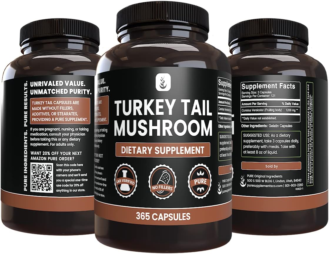 365 Capsules Pure Turkey Tail Mushroom - No Magnesium or Rice Fillers - Lab Verified