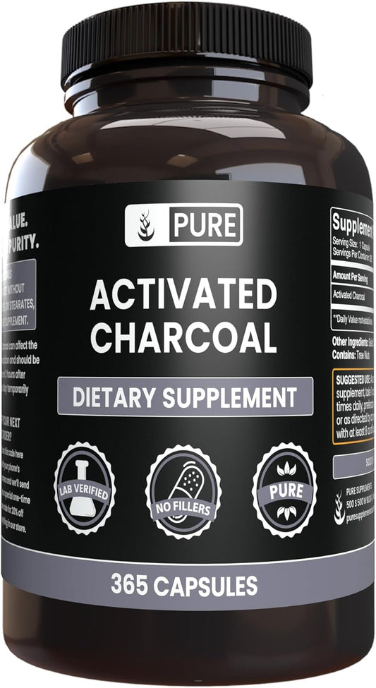365 Count Activated Charcoal Capsules - Pure Ingredients, No Magnesium or Rice Fillers - Lab Verified Quality