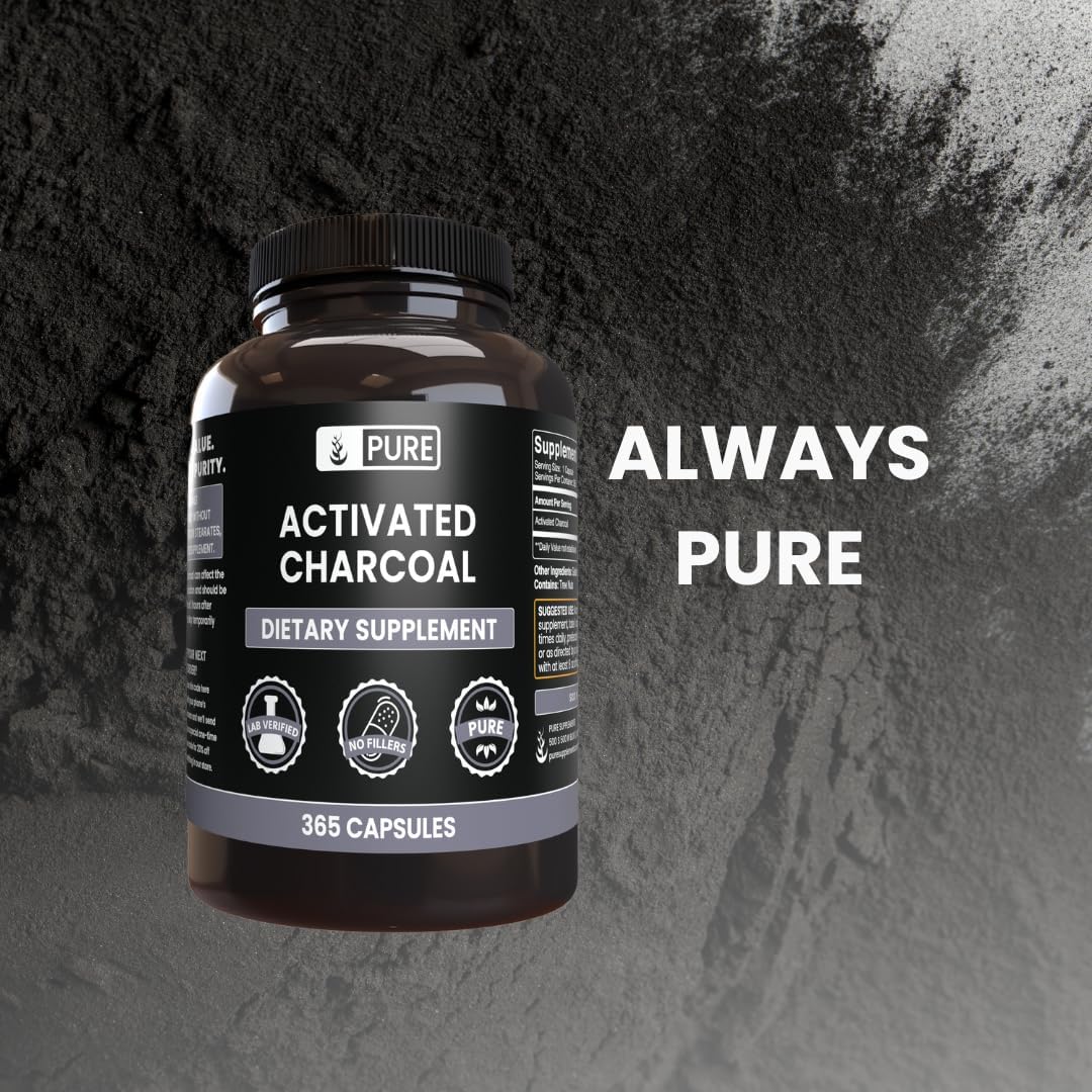 365 Count Activated Charcoal Capsules - Pure Ingredients, No Magnesium or Rice Fillers - Lab Verified Quality