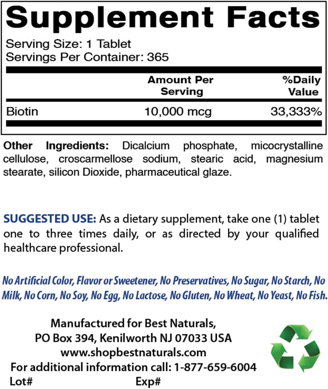 365 Count Best Naturals Biotin 10,000 mcg Tablets - Vitamin B7 Supplement Pack of 2