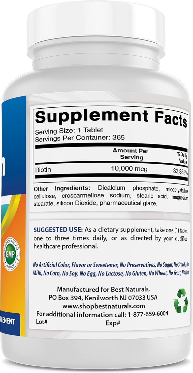 365 Count Best Naturals Biotin 10,000 mcg Tablets - Vitamin B7 Supplement Pack of 2