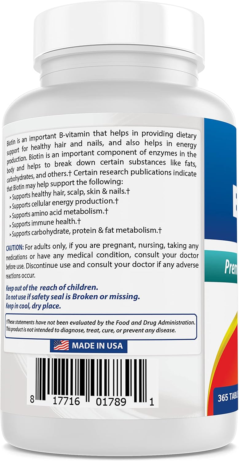 365 Count Best Naturals Biotin 10,000 mcg Tablets - Vitamin B7 Supplement Pack of 2