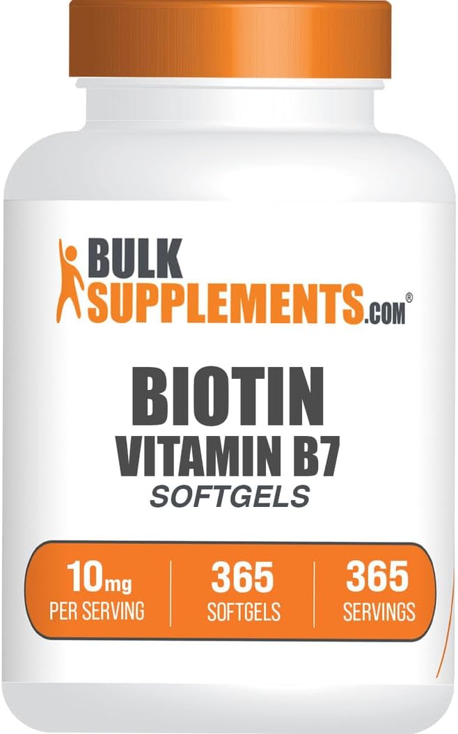 365 Count Biotin 10000mcg Softgels for Hair, Skin, Nails - Gluten Free Biotin Supplement, 1 Softgel/Serving - Vitamin B7 - BulkSupplements