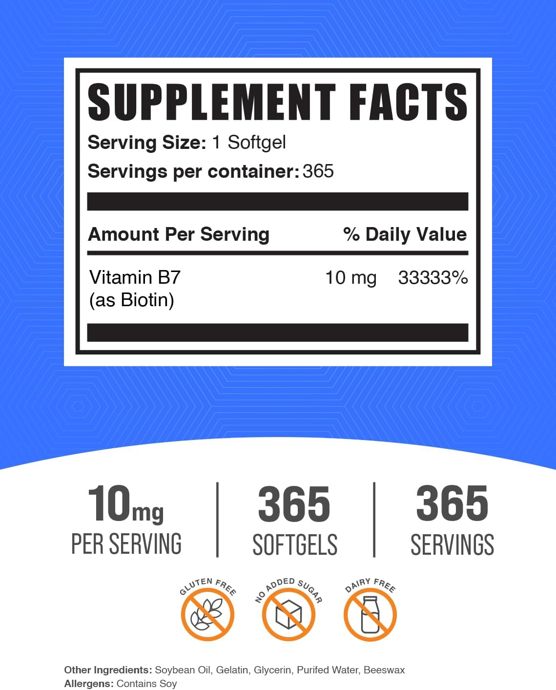 365 Count Biotin 10000mcg Softgels for Hair, Skin, Nails - Gluten Free Biotin Supplement, 1 Softgel/Serving - Vitamin B7 - BulkSupplements