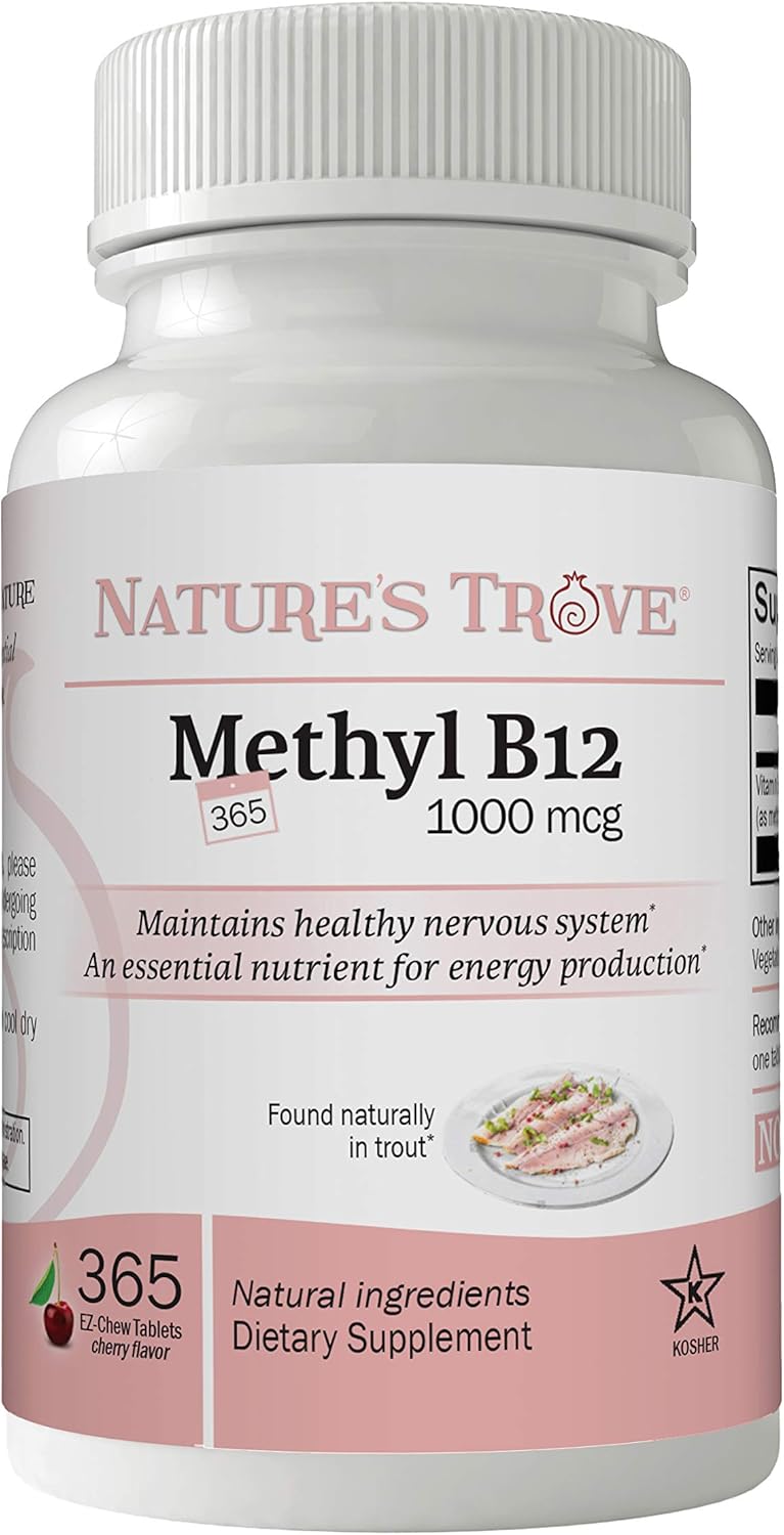 365 Count Nature's Trove Vitamin B12 Methylcobalamin 1000 mcg Chewable Cherry Flavor Tablets