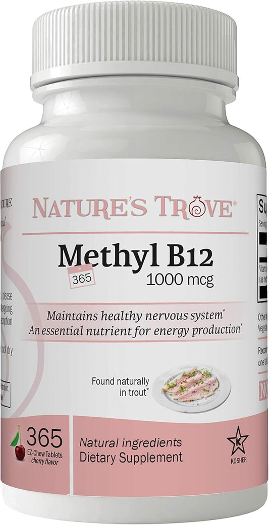 365 Count Nature's Trove Vitamin B12 Methylcobalamin 1000 mcg Chewable Cherry Flavor Tablets