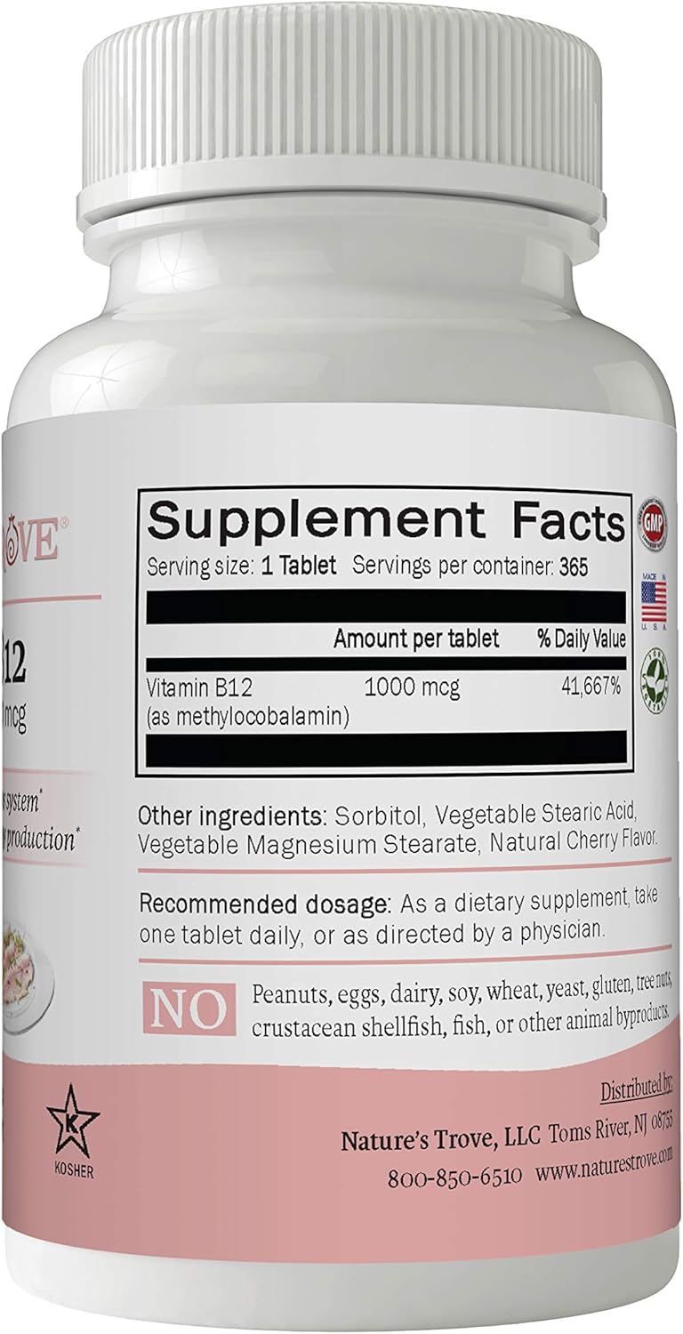 365 Count Nature's Trove Vitamin B12 Methylcobalamin 1000 mcg Chewable Cherry Flavor Tablets