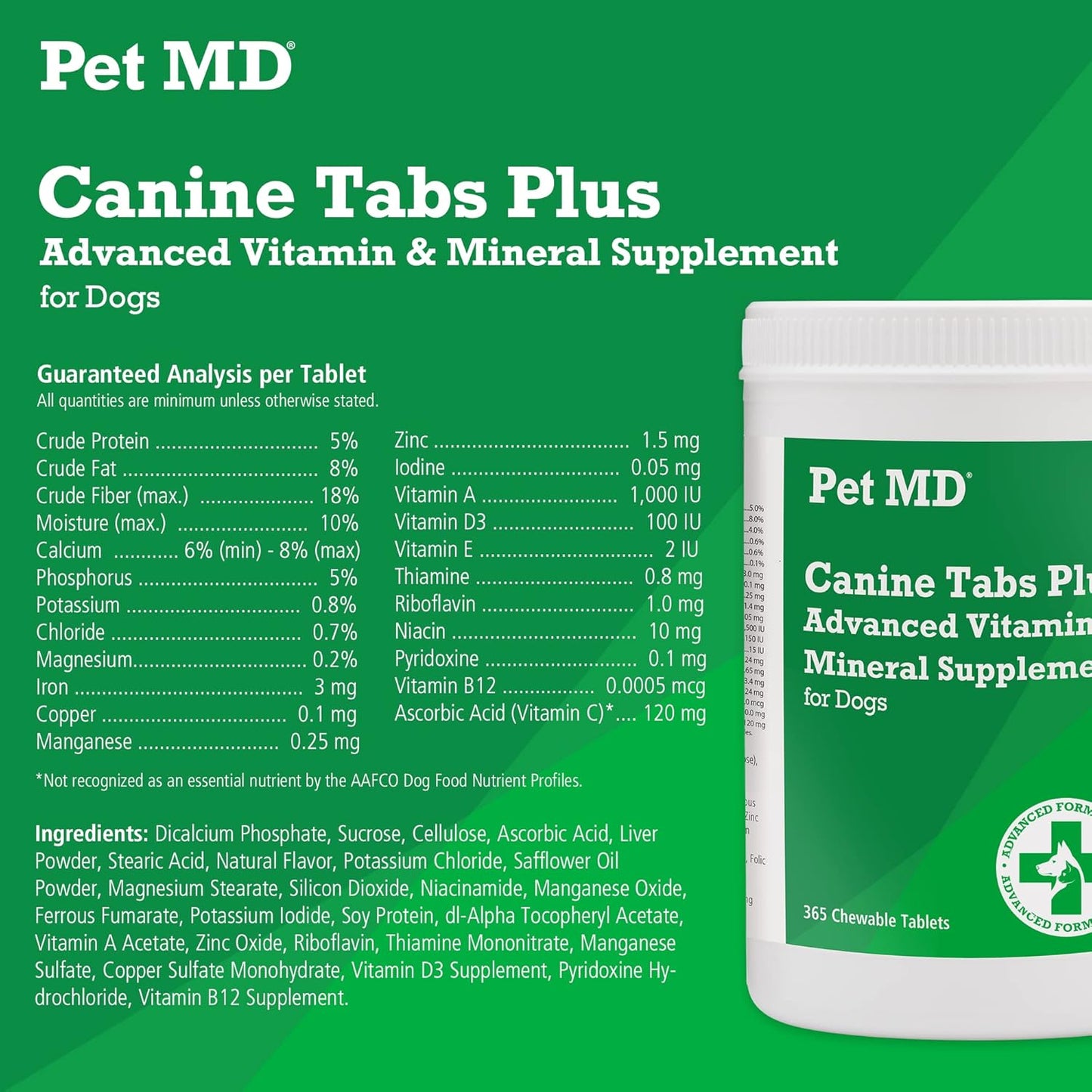 365 Count Pet MD Canine Tabs Plus - Liver Flavored Chewable Tablets - Natural Daily Multivitamin Supplement for Dogs - Advanced Multivitamins for Health