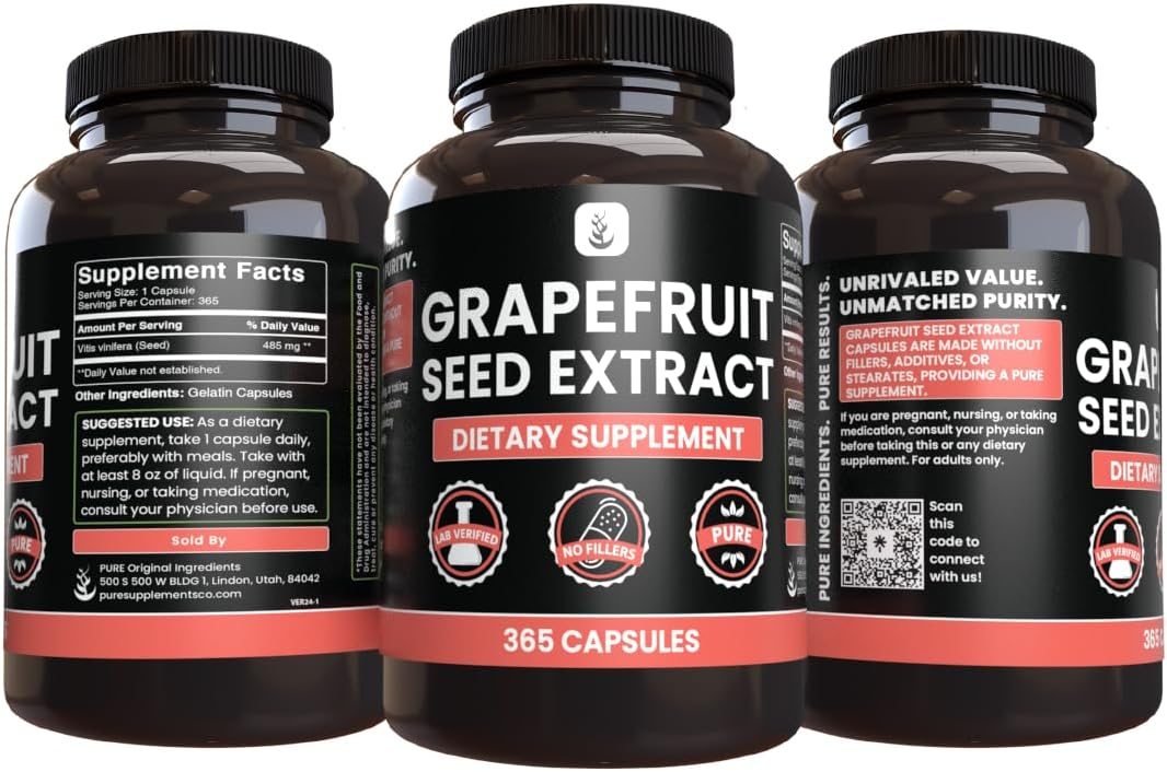 365 Count Pure Grapefruit Seed Extract Capsules - No Magnesium or Rice Fillers - Lab Verified Pure Original Ingredients