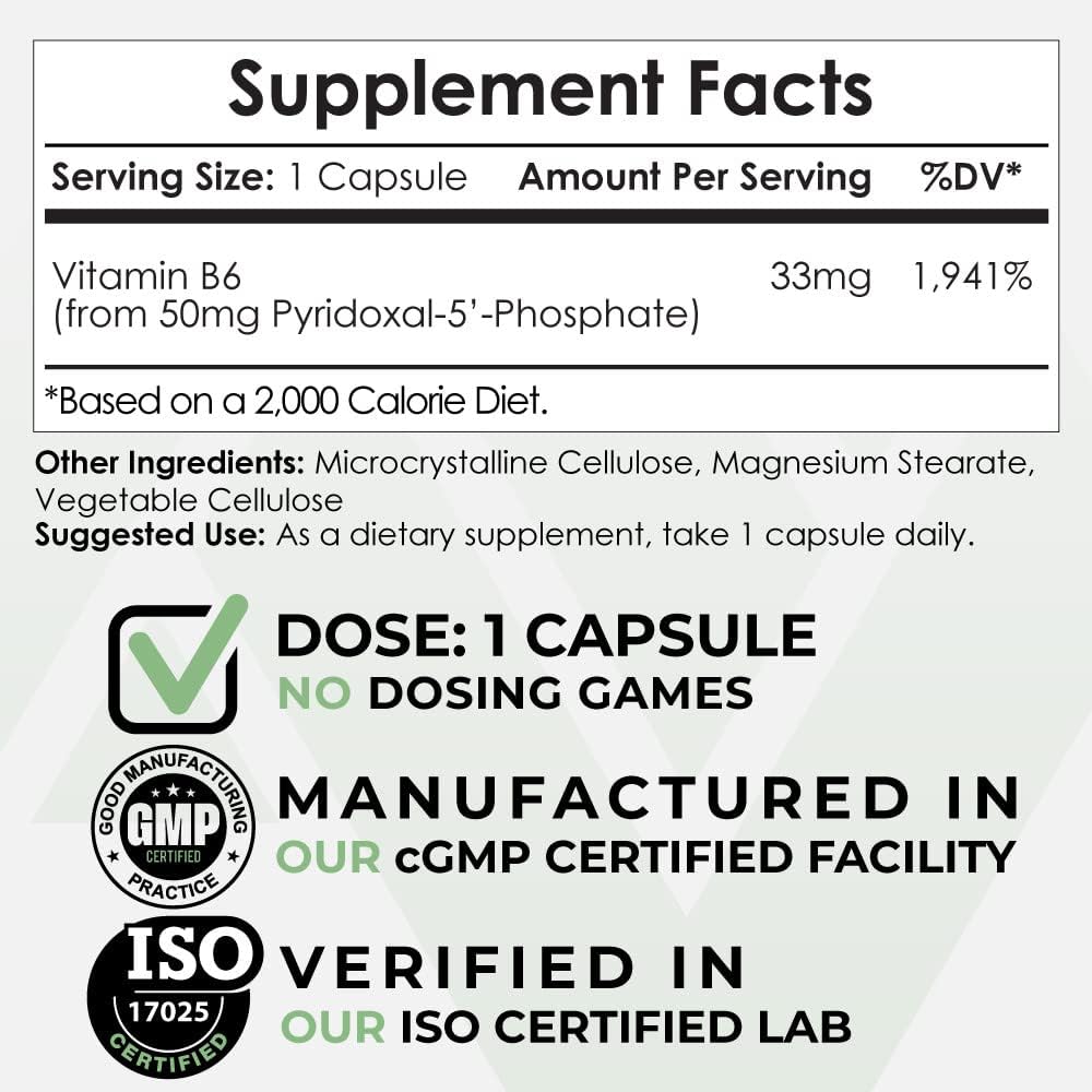 365 Count Pyridoxal-5'- Phosphate (P5P) 50mg Capsules, Vitamin B6 Active Form | Nootropics Depot