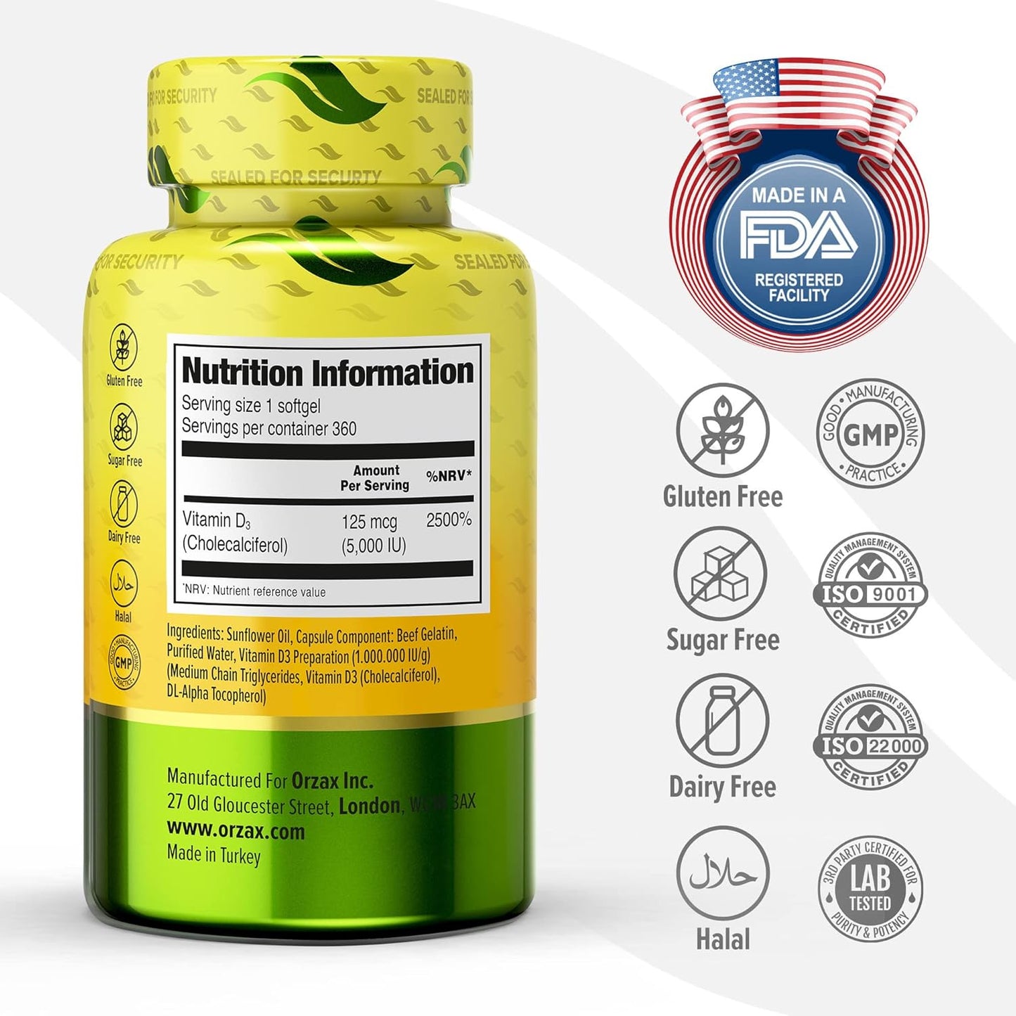 365-Day Supply of ORZAX Vitamin D3 5000 IU Softgels for Muscle & Immune Health